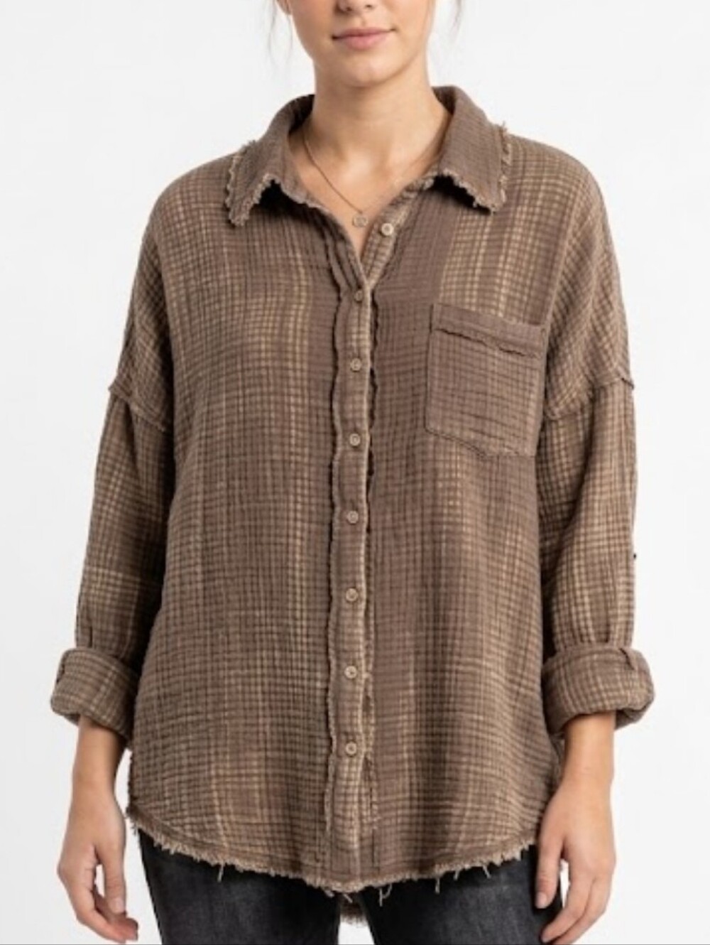 Zenana Outfitters Long Sleeve Button Front Top Distressed Raw Edges Size Medium